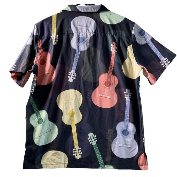 Guitar Print Shirt Mens Large Black Multicolor Short Sleeve Button Front Aloha - Picture 4 of 4